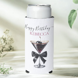 Enfriador De Latas Slim Feliz Cumpleaños Cóctel de Cereza con Lazo Negro