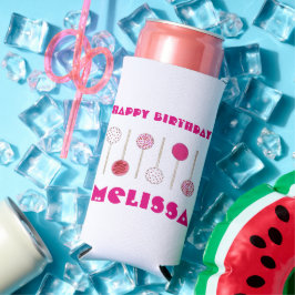 Enfriador De Latas Slim Feliz cumpleaños Pink Frosted Cake Pops Party Favo
