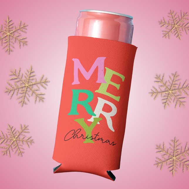 Enfriador De Latas Slim Feliz Navidad Brillante Moderno Fiesta (Merry Christmas can cooler with fun, colorful typography design )