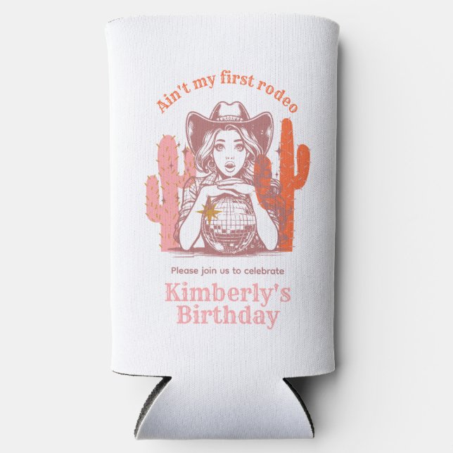 Enfriador De Latas Slim Fiesta de cumpleaños de Cowgirl Rosa Retro Disco B (Anverso)