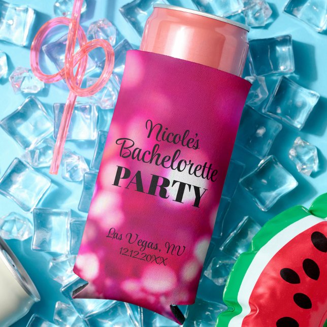 Enfriador De Latas Slim Fiesta de Despedida Glam Moderna con Brillo Rosa B (Personalized Bachelorette Skinny Setzer Cooler Holders - perfect party favors for the girls weekend!)