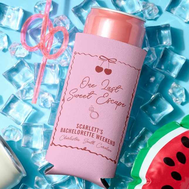 Enfriador De Latas Slim Finde de semana de despedida de soltera de cereza  (One Last Sweet Escape can cooler, bachelorette, party favors, red, pink, cherry, bow, personalized)