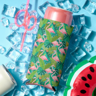 Enfriador De Latas Slim Flamencos rosados tropicales follaje de la selva