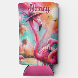 Enfriador De Latas Slim Flamencos rosados tropicales palmeras personalizad