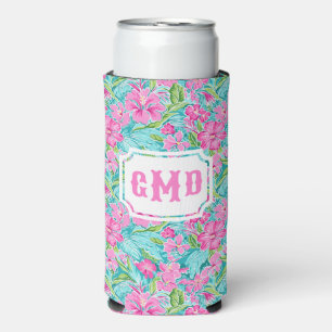 Enfriador De Latas Slim Flor de Hibiscus Tropical Preppy   Monograma