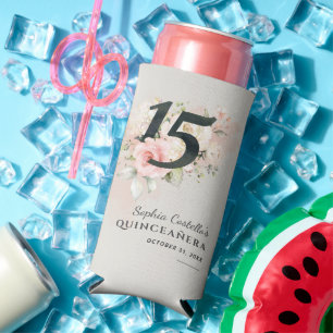 Enfriador De Latas Slim Floral acuarela 15 cumpleaños guión de quinceañera