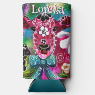 Enfriador De Latas Slim Floral Caprichoso Vaca Rosa Teal Negro Personaliza