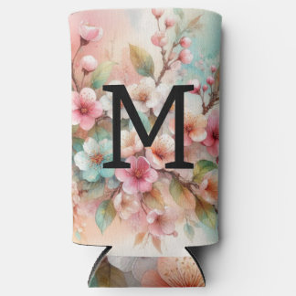 Enfriador De Latas Slim Floral watercolor monogram pink cherry blossoms 