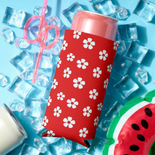 Enfriador De Latas Slim Flores blancas cortas en rojo