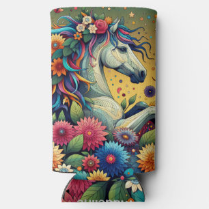 Enfriador De Latas Slim Flores Coloridas Caprichosas y Hermoso Caballo Bla