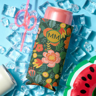 Enfriador De Latas Slim Flores monogramadas personalizadas