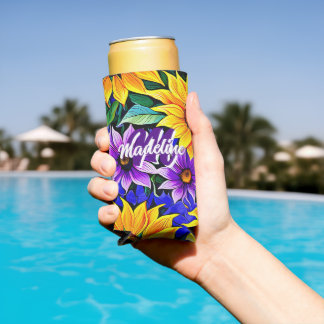 Enfriador De Latas Slim Flores moradas y girasoles amarillos personalizado
