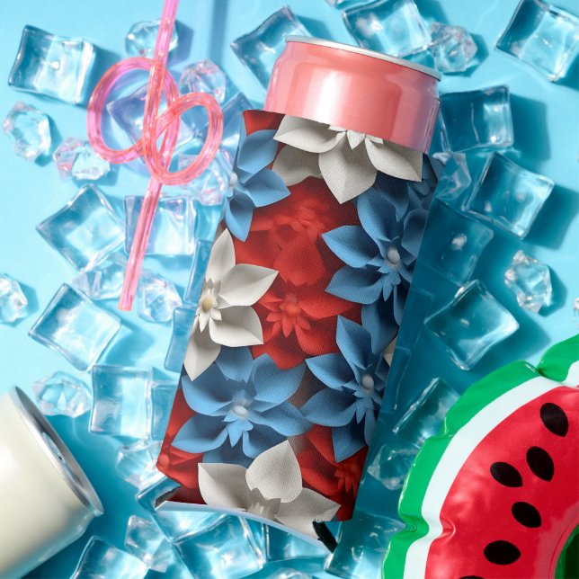 ENFRIADOR DE LATAS SLIM FLORES PATRIÓTICOS BLANCOS AZULES AMERICANOS (Verano in situ)