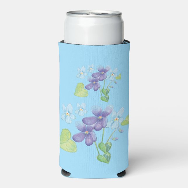Enfriador De Latas Slim Flores violetas salvajes Ilustracion azul claro (Frente Agua con Gas)