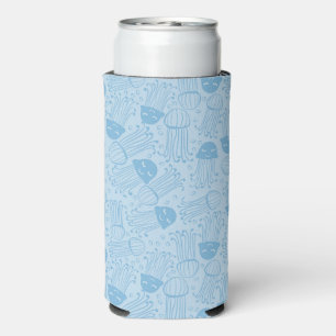 Enfriador De Latas Slim Fondo azul de patrón de pez gelatina hecha a mano