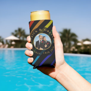 Enfriador De Latas Slim Foto de Boda de Hombres Gays Elegante Arcoíris