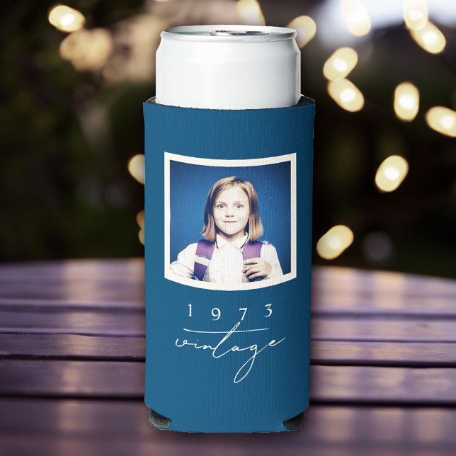 Enfriador De Latas Slim Foto de Guay Vintage Birday Party Script (Stylish, fun and cool vintage retro personalized can cooler!)