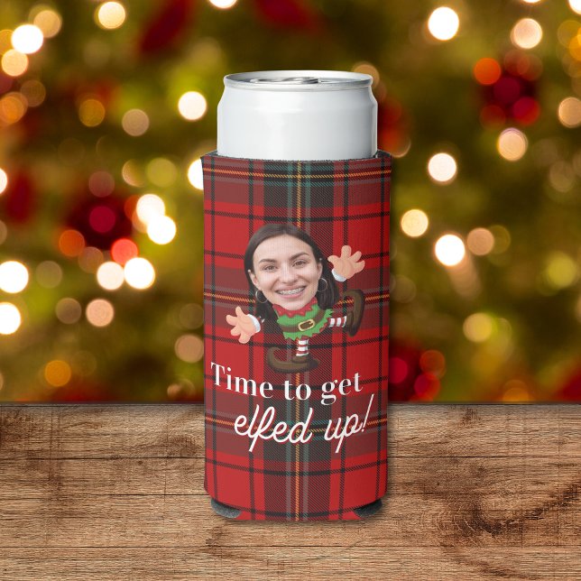 Enfriador De Latas Slim Fotos divertidas caras hartas de los Personalizado (funny photo face seltzer can cooler for christmas with red plaid background and elf design for her)