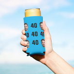 Enfriador De Latas Slim Fun Unique 40th Birthday Photo Guay Retro<br><div class="desc">Fun 40 cumpleaños refrigerador de bebidas de seltzer fotográfico en un diseño azul claro retro audaz. ¡El año es personalizable para cualquier año de cumpleaños! Para obtener el efecto de recorte, utilice un archivo png con el fondo ya cortado. Si no, la foto aparecerá como un círculo rodeado por su...</div>