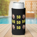 Enfriador De Latas Slim Fun Unique 50 Birthday Photo Guay Retro<br><div class="desc">Un divertido refrigerador de bebidas de seltzer fotográfico de 50 años en un diseño amarillo retro audaz. ¡El año es personalizable para cualquier año de cumpleaños! Para obtener el efecto de recorte, utilice un archivo png con el fondo ya cortado. Si no, la foto aparecerá como un círculo rodeado por...</div>