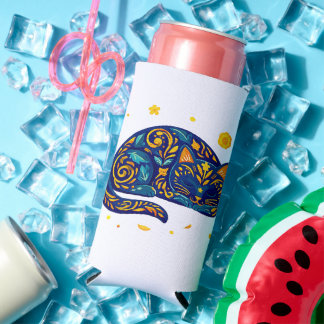Enfriador De Latas Slim Gato de Arte Popular en Azul