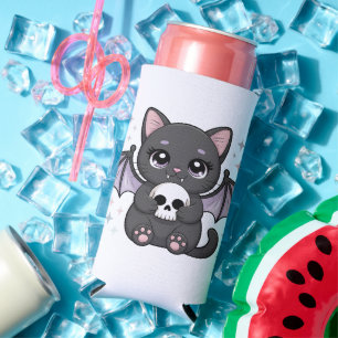 Enfriador De Latas Slim Gato negro con alas de murciélago moradas abrazand