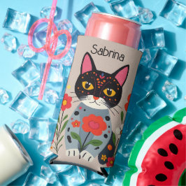 Enfriador De Latas Slim Gato negro de arte popular y flores personalizadas