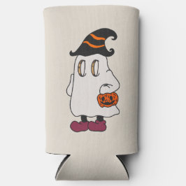Enfriador De Latas Slim Ghost holding pumpkin and wearing witch hat