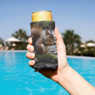 Enfriador De Latas Slim Ginger Squirrel A Orillas Del Río Comiendo Un Acor