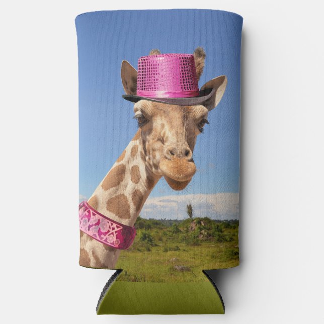 Enfriador De Latas Slim Giraffe en gorra rosa brillante (Anverso)