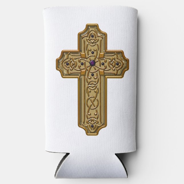Enfriador De Latas Slim Gold Bejeweled Celtic Style Cross  (Anverso)