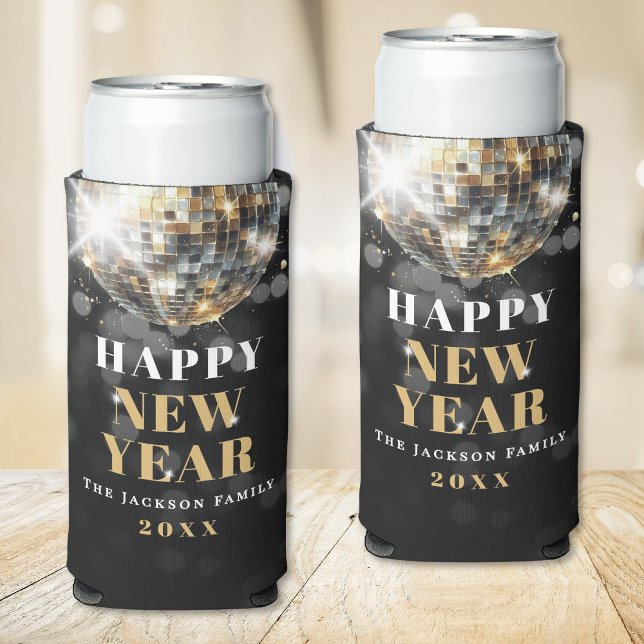 Enfriador De Latas Slim Gold New Year's Eve Party (Black Gold New Year's Eve Party Seltzer Can Cooler)