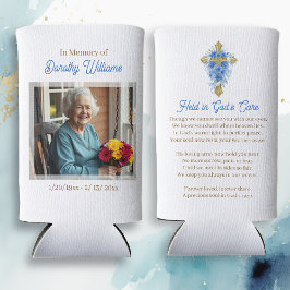 Enfriador De Latas Slim Golden Cross and Flowers Memorial Keepsake