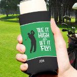 Enfriador De Latas Slim Golf Sports Funny Tee Cita Cute Green masculino<br><div class="desc">Cita de golfista "Tee It High & Let it Fly!" el diseño refrigerador de bebidas presenta un divertido tipo de letra de mediados de siglo en blanco puro combinado con una silueta masculina de oro en negro sobre fondo verde y negro con acentos blancos a juego. El color de la...</div>