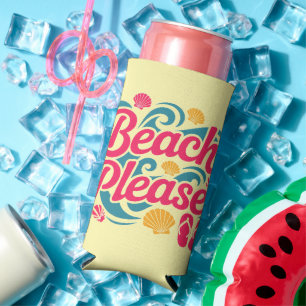 Enfriador De Latas Slim Gráfico Retro de Tipografía Rosa: Por Favor Playa