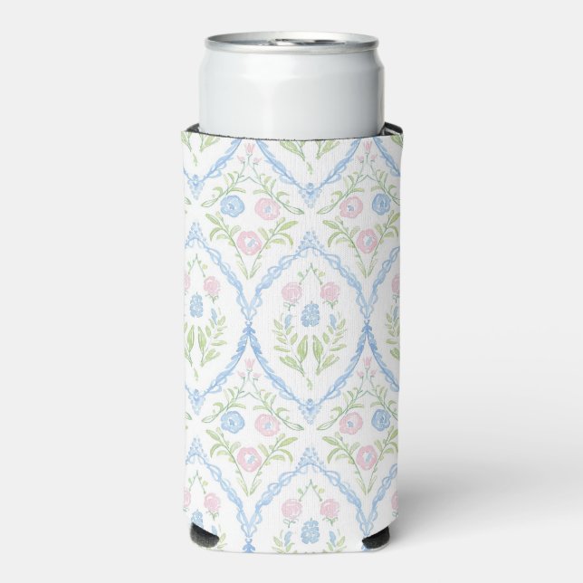 Enfriador De Latas Slim Grandmillennial Pink and Blue Floral (Frente Agua con Gas)