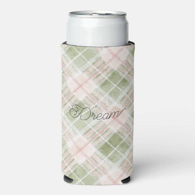 Enfriador De Latas Slim Green Blush Pink Plaid Stripes (Frente Agua con Gas)