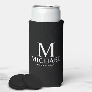 Enfriador De Latas Slim Groomsman personalizado en blanco y negro moderno