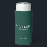 Enfriador De Latas Slim Groomsman personalizado moderno<br><div class="desc">Regalos Groomsman Personalizados Modernos con el nombre,  título y fecha boda personalizados del groomsman en estilo serif clásico blanco sobre fondo verde esmeralda. También perfecto para el Mejor Hombre,  Padre de la Novia y más.</div>