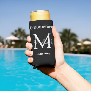 Enfriador De Latas Slim groomsmen personalizado, boda de moda blanca negra