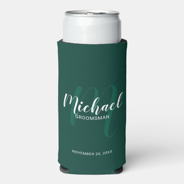 Enfriador De Latas Slim Groomsmen Seltzer Personalizado de Script Moderno  (Frente Agua con Gas)