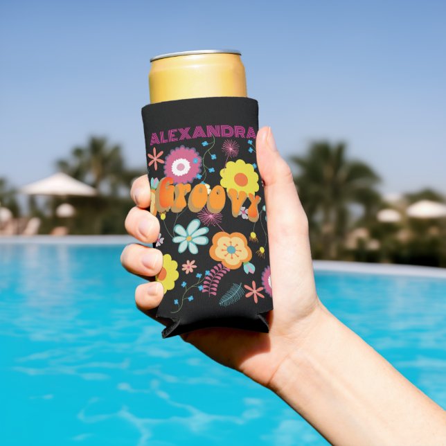 Enfriador De Latas Slim Groovy Flower Power Pink Black (Piscina in situ)