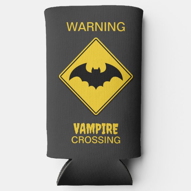 Enfriador De Latas Slim Halloween con advertencia de murciélago de vampiro (Anverso)