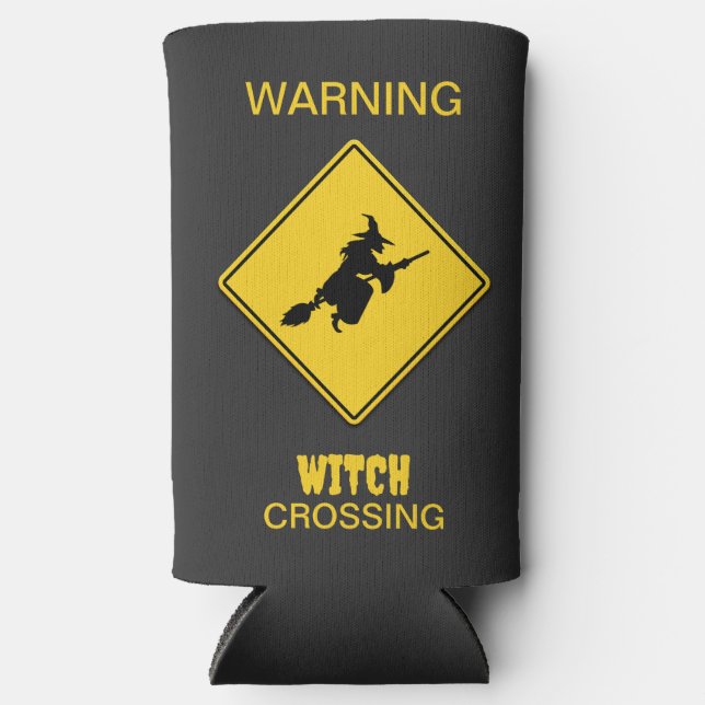 Enfriador De Latas Slim Halloween de advertencia de bruja (Anverso)