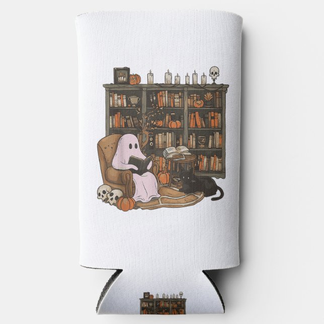Enfriador De Latas Slim Halloween del amante del gato del libro de lectura (Anverso)