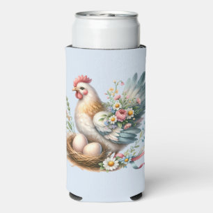Enfriador De Latas Slim Hen floral con huevos y encanto de granja vintage