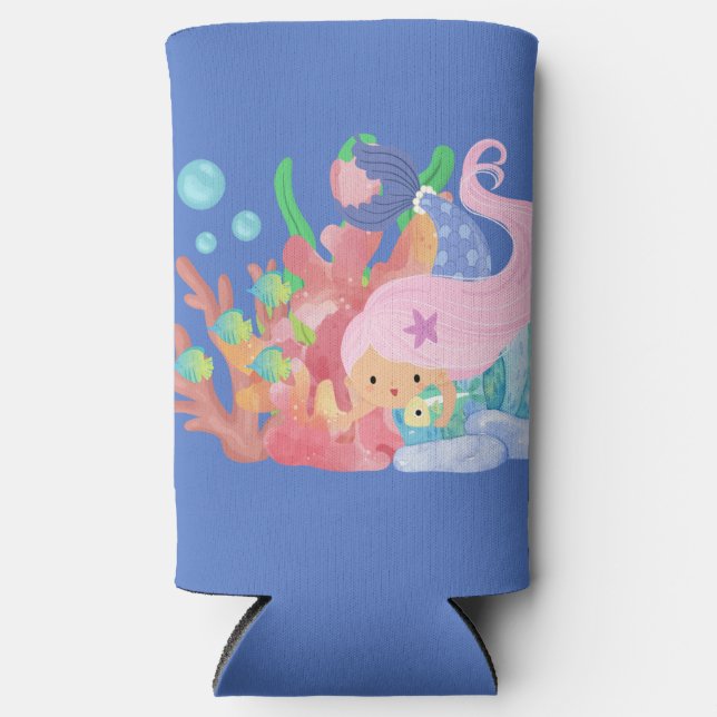 Enfriador De Latas Slim Hermosa sirena de PINK jugando abrazando un pez (Anverso)