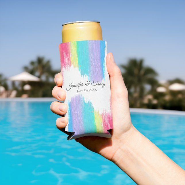 Enfriador De Latas Slim Hermoso Boda arcoiris personalizado (Piscina in situ)