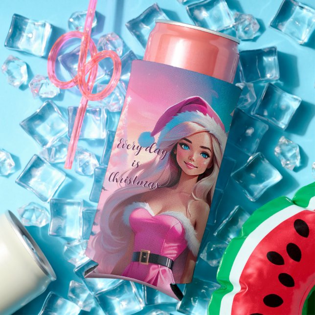 Enfriador De Latas Slim Hermoso Chica de Navidades rosados 01 (Verano in situ)
