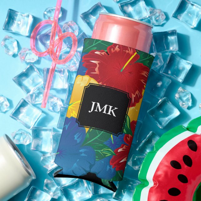 Enfriador De Latas Slim Hibiscus Tropical Exótico - Monograma (Verano in situ)